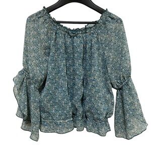 BEAUTEES Top Bohemian Blouse Size Medium Floral Teal Blue Statement Bell Sleeve